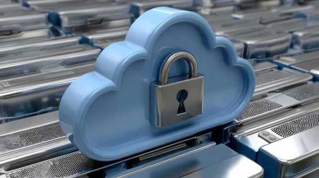 Secure cloud computing with padlock on server racks offers data protection