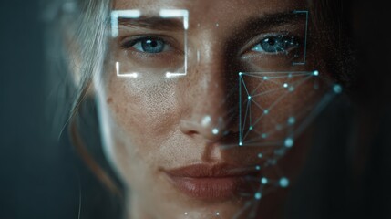Woman's face with digital facial recognition technology overlayed portrait