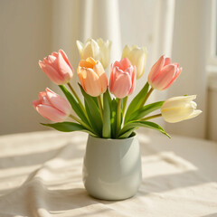 Pastel Tulip Bouquet in Ceramic Vase on Linen Table  Botanical Still Life with Soft Natural Lighting, Ultra Detail on Petals, Romantic Mood for Floral and Lifestyle Branding