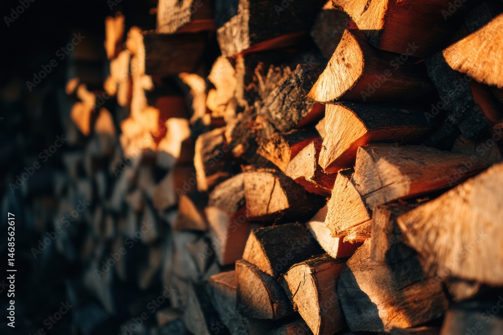 Poster stack of firewood illuminated by golden sunlight casting long shadows in a tranquil setting generati