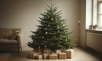 Christmas Tree with Gifts in Minimalist Living Room