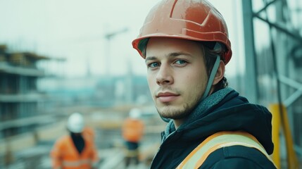 Young construction worker wearing safety helmet looks confidently at the camera while working on a building site with colleagues in the background