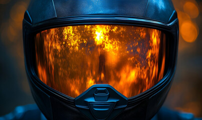 Close Up of a Black Helmet with Fiery Reflection in Visor
