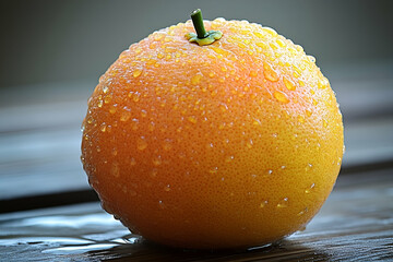 Close Up of a Ripe Orange Covered in Water Droplets on Wooden Surface