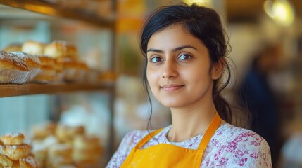 Young woman with dark hair and warm smile, standing in bakery surrounded by delicious pastries, wearing orange apron and showcasing culinary passion and joy