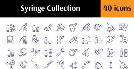 Pack of Line Icons of Syringe. Minimalistic Linear Pictogram for Web and Graphic Design, Apps, Banners, Social Network and Cards
