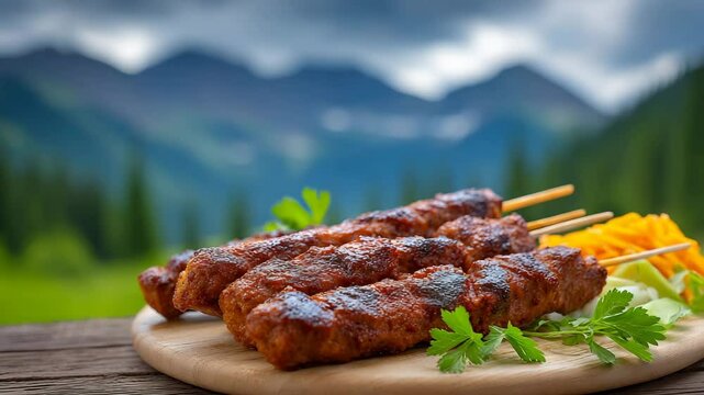 Mountain Feast: A hearty and flavorful feast with juicy, grilled skewers, garnished with parsley, and complemented with shredded carrot, is prepared to enjoy the breathtaking mountain view.