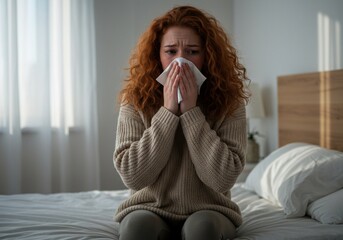 Young woman with red hair suffering from a cold, sitting on bed with tissue covering her nose in a cozy home setting