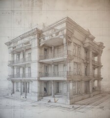 Obraz premium Architectural blueprint with faded photo overlay, artistic paper texture, building, blueprint