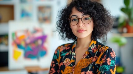 Confident Young Woman with Curly Hair and Glasses in Colorful Floral Shirt Posing in a Bright Creative Space with Abstract Art Background