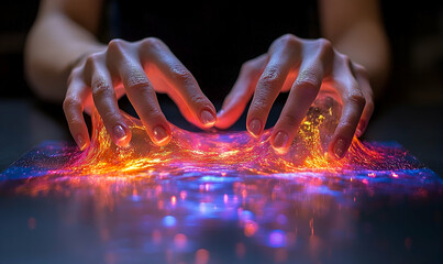 Close Up Of Female Hands Interacting With Glowing Orange And Purple Digital Surface