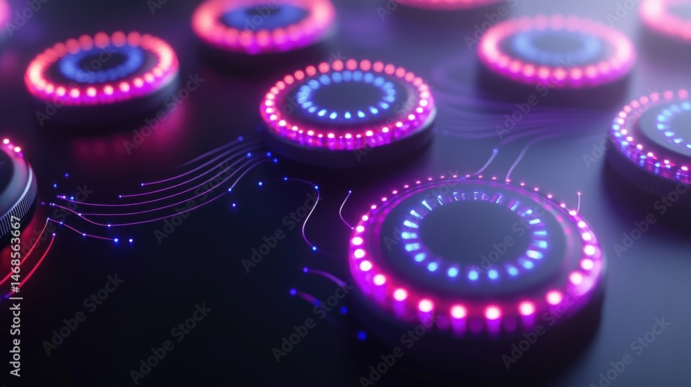 Aufkleber circular glowing led circuits on dark surface. complex interconnected digital components