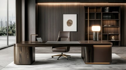 Elegant Executive Office – Dark Wooden Desk & Professional Workspace