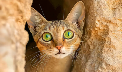 Close-Up Portrait of a Sand Cat Emerging from a Rock Crevice