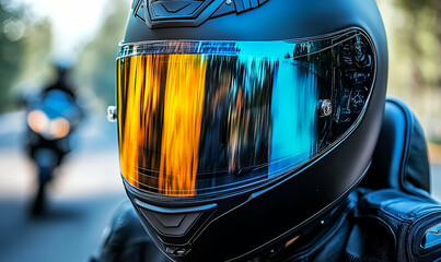 Closeup of a Black Motorcycle Helmet with Reflective Orange and Blue Visor