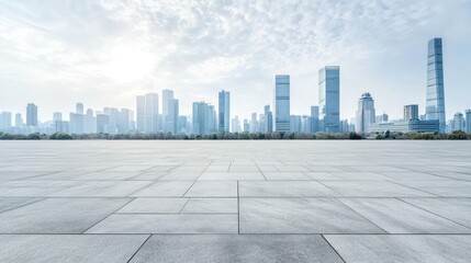 A wide angle cityscape featuring modern skyscrapers and a plaza