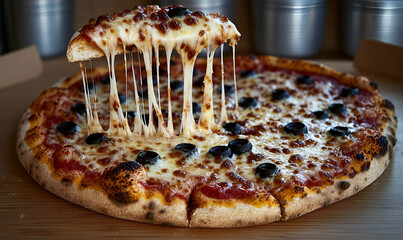 Closeup of a Delicious Cheese Pizza with Black Olives