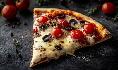 Closeup of a Delicious Pizza Slice with Melted Cheese, Tomatoes, and Olives