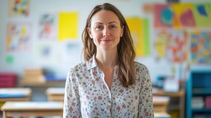 Young female teacher smiling in a bright classroom surrounded by colorful artwork and educational materials, promoting a positive learning environment.