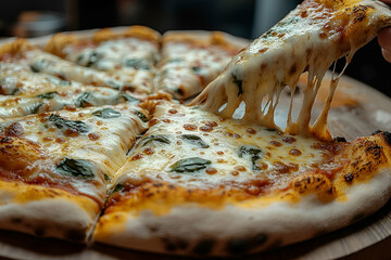 Closeup of a Hand Taking a Slice of Melted Cheese Pizza
