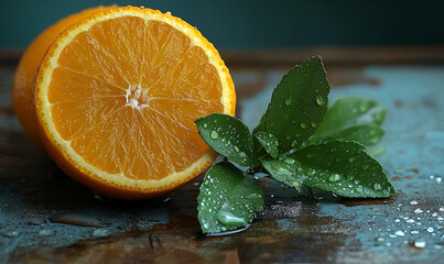Closeup of a Juicy Orange Slice with Green Leaves and Water Droplets on a Dark Background