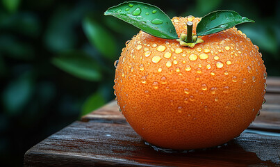 Closeup of a Juicy Orange with Water Drops on Wooden Table