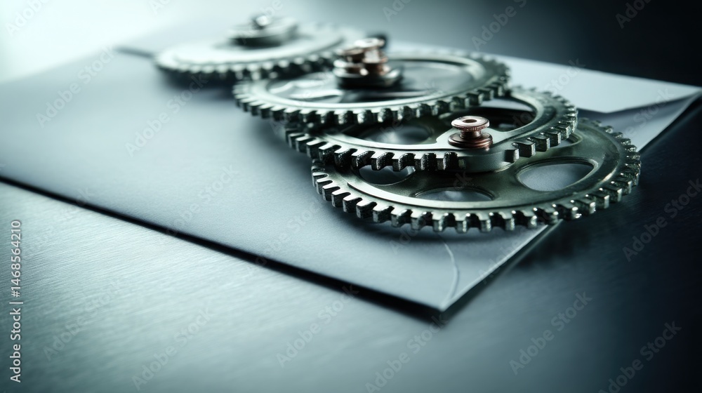 Poster two interlocking gears placed on paper representing collaboration and mechanism in automated email m
