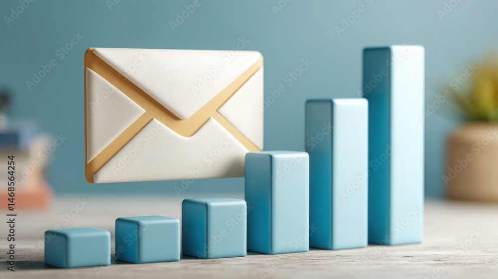 Poster white envelope with gold x on wooden desk displaying email icon above bar chart for campaign perform