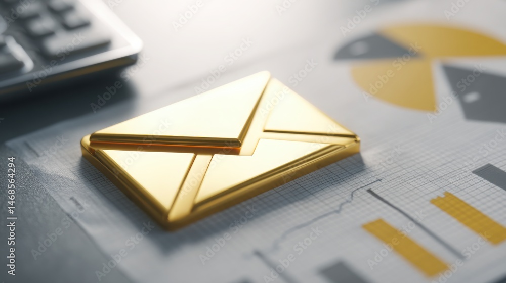 Poster golden envelope resting on desk surrounded by email icon and layered chart illustrating data-driven 
