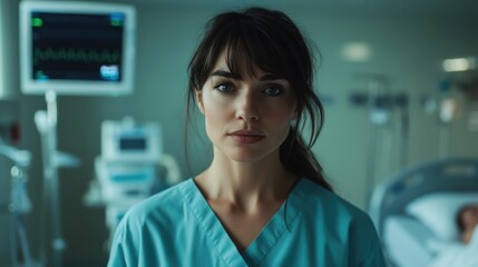 Intense Nurse in Scrubs Stands in Modern Hospital Room with Medical Equipment in Background, Expressing Professional Commitment and Care