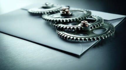 Two interlocking gears placed on paper representing collaboration and mechanism in automated email marketing