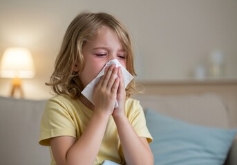 Blonde girl sneezing into tissue while sitting in bed, showing symptoms of flu or seasonal cold