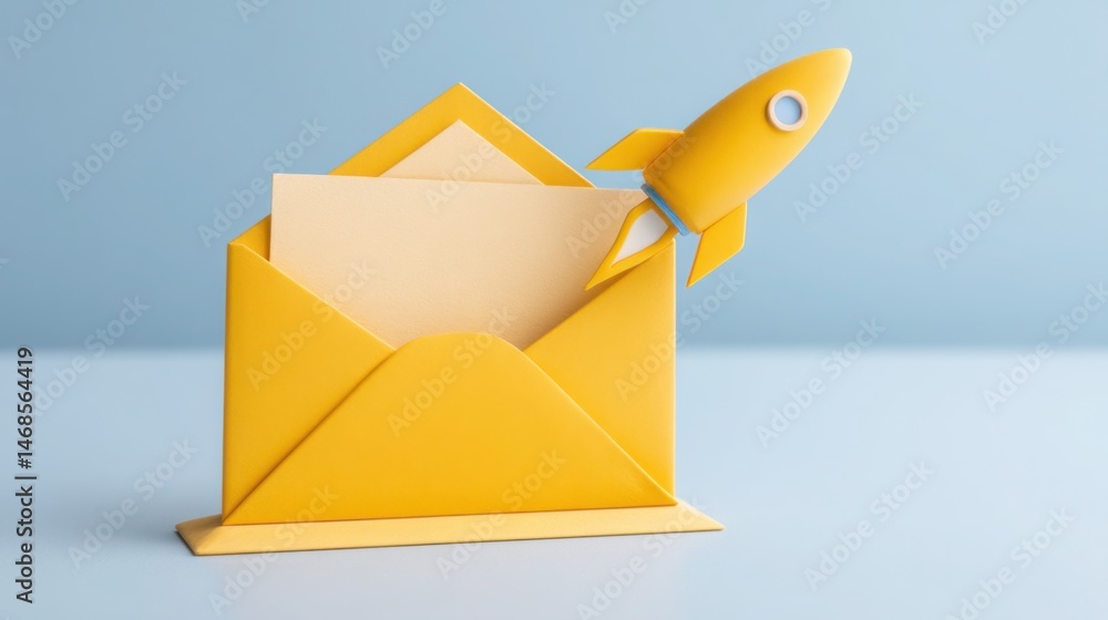 Poster yellow envelope with a rocket on top symbolizing the fusion of email communication and launch campai