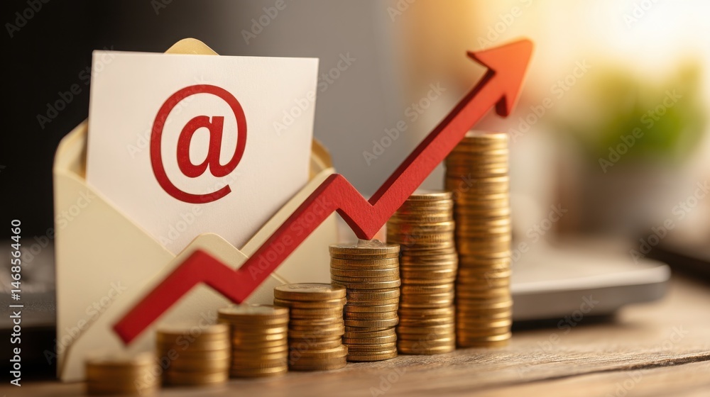Poster stack of coins with a red arrow pointing upward illustrating the concept of performance outreach in 
