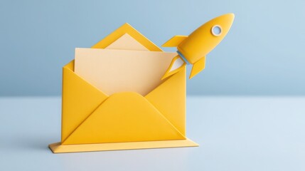 Yellow envelope with a rocket on top symbolizing the fusion of email communication and launch campaign strategies