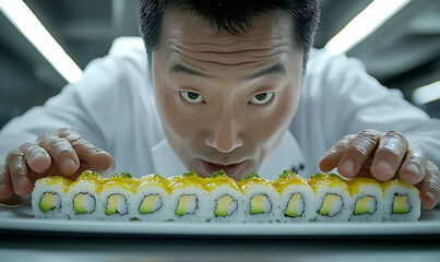 Closeup of Chef Inspecting Fresh Sushi Rolls with Yellow Sauce