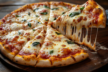 Closeup of Delicious Cheese Pizza on Wooden Board