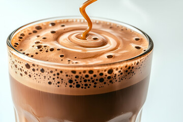 Closeup of Frothy Brown Chocolate Drink in Glass