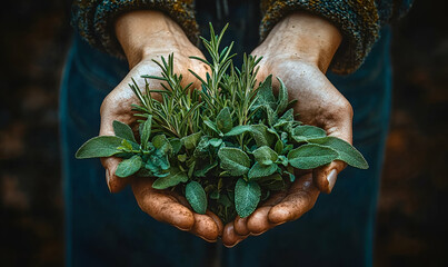 Closeup of Hands Holding Fresh Herbs