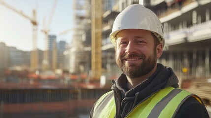 Smiling construction worker in hard hat and safety vest on active building site with cranes and scaffolding in the background during sunny day