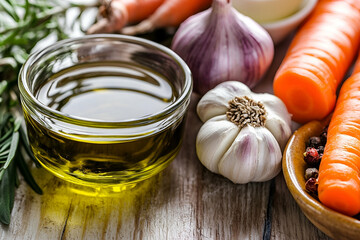 Closeup of Olive Oil Bowl with Garlic and Carrots