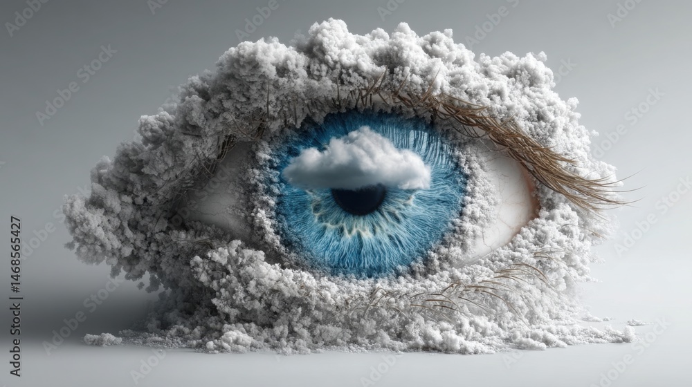 Poster artistic representation of an eye with clouds in the pupil symbolizing cloud monitoring and visionar