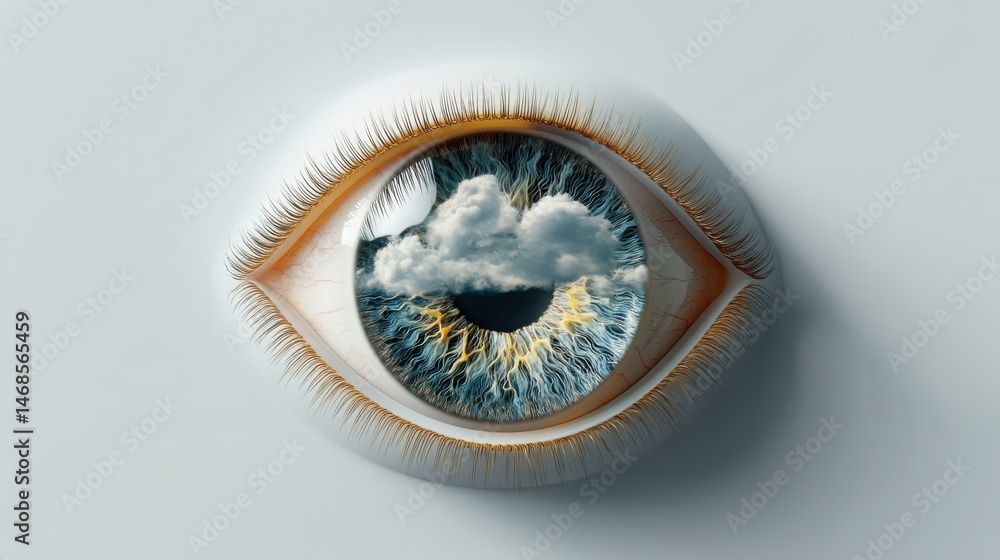 Poster captivating eye with clouds in the pupil symbolizing the concept of cloud monitoring and dreamy visu