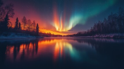 Aurora borealis over a serene winter river