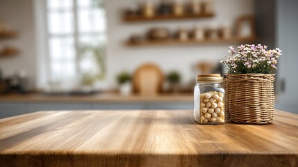 Kitchen bench interior with wooden table and blurred background