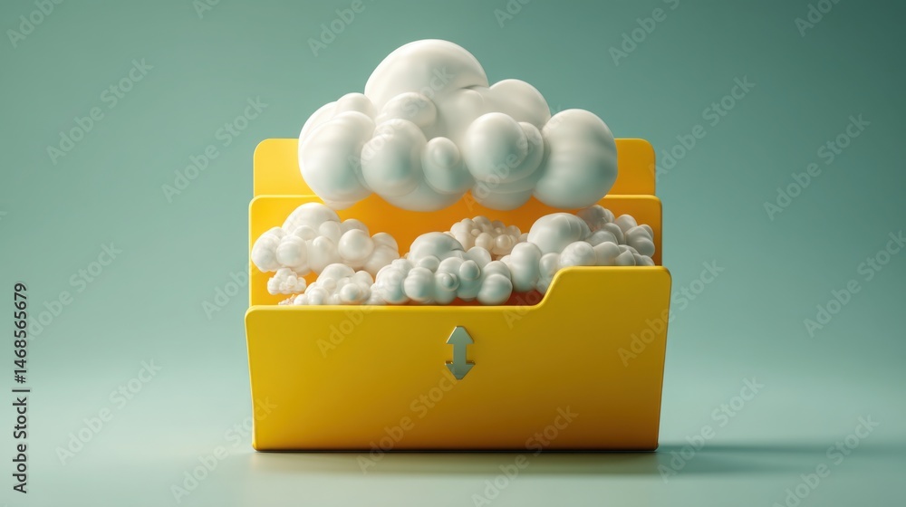 Poster vibrant yellow box filled with soft white clouds symbolizing data migration and cloud storage soluti