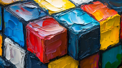 Close-up view of a colorful, textured, painted cube structure.