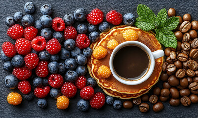 Closeup Top View of Pancakes with Berries Coffee Beans and Espresso