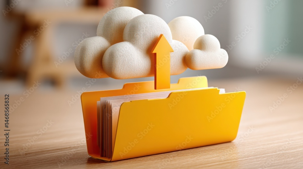 Poster striking yellow folder with a cloud on top illustrating the concept of cloud storage and file manage