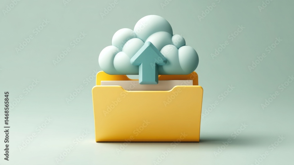 Poster folder with a blue arrow inside indicating directions for file uploading and cloud storage solutions